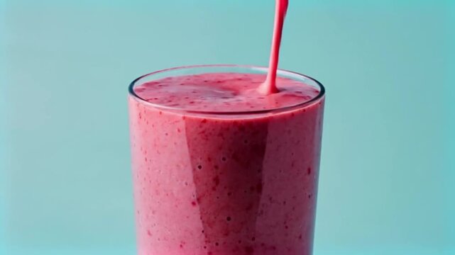 Healthy pink berry fruit smoothie being poured into a glass