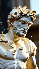 Luxury Marble Bust with Fragmented Gold Leaf Accents in Dramatic Lighting for Fine Art Exhibitions, High-End Interior Design, and Modern Classical Branding Concepts, Greek God, Stoic, Bodybuilding