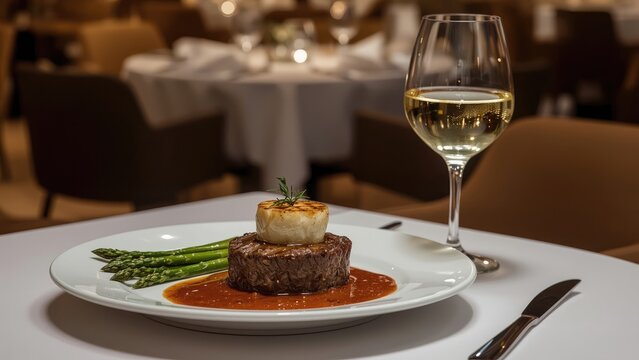 Gourmet meal of foie gras grilled on tender steak, complemented by asparagus and a rich sauce