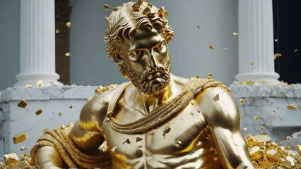 Luxury Marble Bust with Fragmented Gold Leaf Accents in Dramatic Lighting for Fine Art Exhibitions, High-End Interior Design, and Modern Classical Branding Concepts, Greek God, Stoic, Bodybuilding