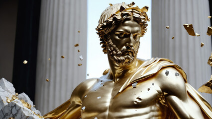 Obraz premium Luxury Marble Bust with Fragmented Gold Leaf Accents in Dramatic Lighting for Fine Art Exhibitions, High-End Interior Design, and Modern Classical Branding Concepts, Greek God, Stoic, Bodybuilding