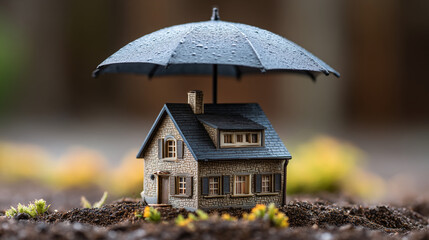 Miniature house protected by an umbrella with raindrops in a blurred outdoor environment setting