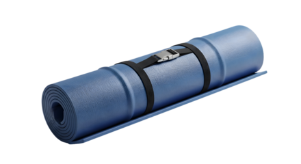 Blue rolled sleeping mat made of foam for camping and outdoor activities, isolated on transparent background