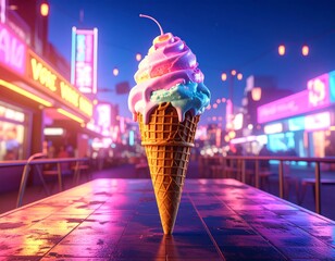 Neon Ice Cream Cone in Cityscape