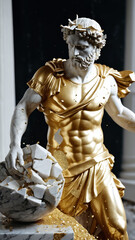 Obraz premium Luxury Marble Bust with Fragmented Gold Leaf Accents in Dramatic Lighting for Fine Art Exhibitions, High-End Interior Design, and Modern Classical Branding Concepts, Greek God, Stoic, Bodybuilding