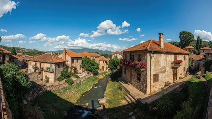 Fototapeta premium Scenic village landscape featuring people, natural water bodies, and beautiful architecture