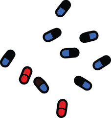 White background with blue medical capsules and pills