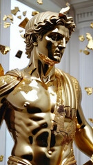 Luxury Marble Bust with Fragmented Gold Leaf Accents in Dramatic Lighting for Fine Art Exhibitions, High-End Interior Design, and Modern Classical Branding Concepts, Greek God, Stoic, Bodybuilding