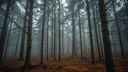 Obraz premium Misty woodland scene on an overcast day, featuring trees and autumn foliage