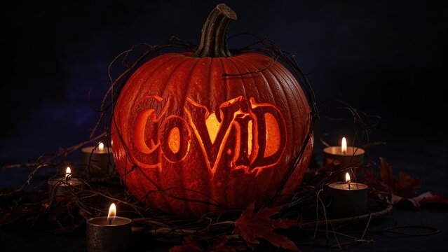 Illuminated Pumpkin Lantern Displaying Carved Covid Inscription - Powered by Adobe