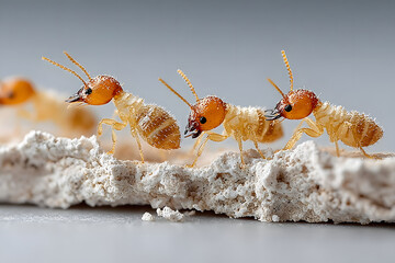 Close-up of termite workers in organized formation on white tabletop