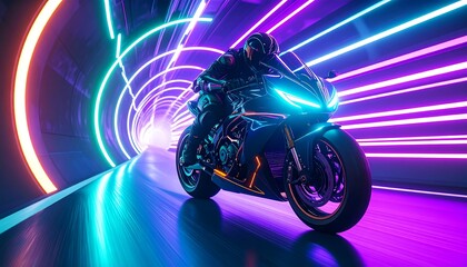 Futuristic motorcycle racer in a neon tunnel