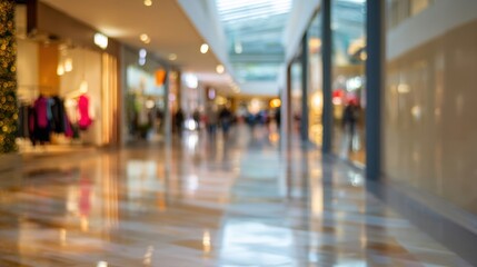 The lively atmosphere of a modern shopping mall corridor with blurred details.