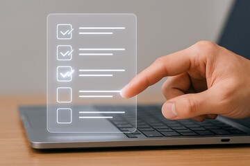 Digital Checklist Interface on Laptop with Hand Pointing, Task Management and Productivity, Achieving Goals