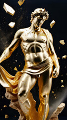 Luxury Marble Bust with Fragmented Gold Leaf Accents in Dramatic Lighting for Fine Art Exhibitions, High-End Interior Design, and Modern Classical Branding Concepts, Greek God, Stoic, Bodybuilding
