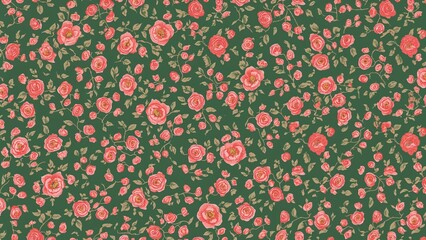 Charming small red and pink rose blooms set against a lush green floral background create a beautiful seamless pattern suited for Valentine's celebrations.