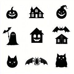 Obraz premium Halloween Icons Spooky Black Silhouettes of Pumpkins Ghosts Bats Spiders Cats and Haunted Houses