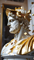 Luxury Marble Bust with Fragmented Gold Leaf Accents in Dramatic Lighting for Fine Art Exhibitions, High-End Interior Design, and Modern Classical Branding Concepts, Greek God, Stoic, Bodybuilding