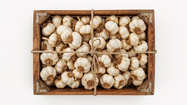 Wooden crate holding multiple garlic bulbs against white surface