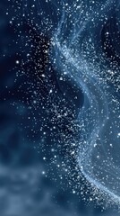 Fototapeta premium Abstract swirling nebula with shimmering particles. Dark blue background with flowing, light blue/white strands and tiny, scattered specks of light