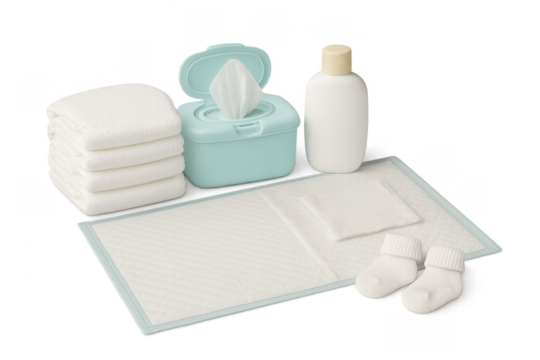 Baby hygiene accessories lying on changing mat with transparent background