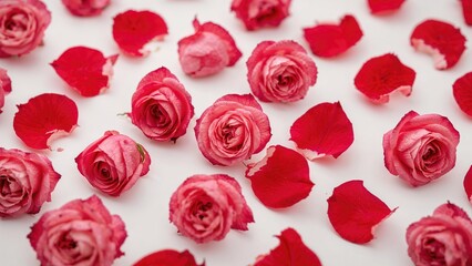 Fototapeta premium Close-up of scattered torn pink and red rose petals on a white background for a pattern effect