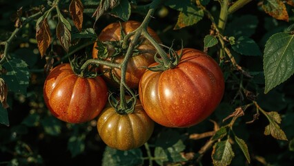 Obraz premium Naturally ripening heirloom tomatoes thriving on the plant through organic farming.