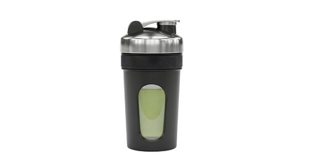 Black protein shaker bottle with metal lid isolated on transparent background