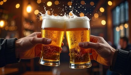 Closeup view of two glasses of beer in hands clinking together with foam splash in a lively pub
