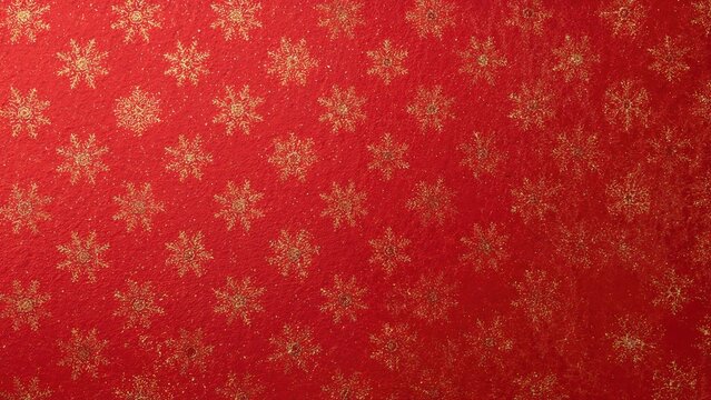 Full frame image of red seasonal wrapping paper with a repeating design of gold snowflakes