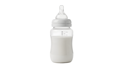 A baby bottle filled with milk, featuring a clear glass body, white plastic base, and nipple, isolated on transparent background