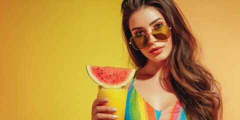 The vibrant woman enjoying a refreshing drink with watermelon slice.