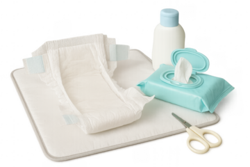 Baby changing mat with diaper, wipes, lotion and scissors on transparent background