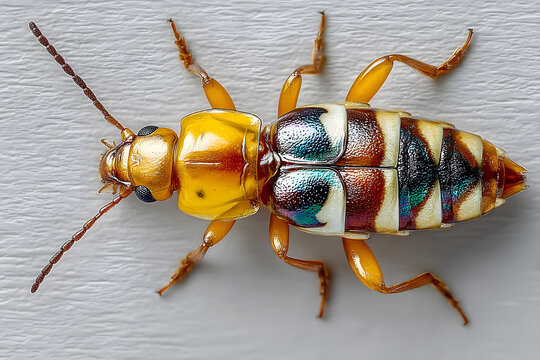Close-up macro photograph of an earwig showing curved cerci on white background