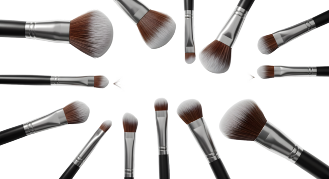 Collection of makeup brushes with black handles and soft bristles for cosmetic application, isolated on transparent background