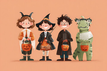 Adorable children dressed up in Halloween costumes ready for trick-or-treating fun and festive celebration