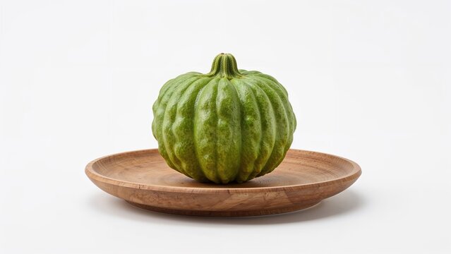 Wooden platter holding a fresh green bitter melon set against a plain white surface