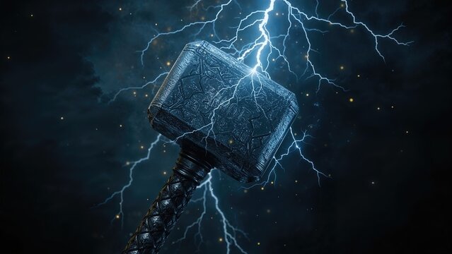 Realistic depiction of a hammer adorned with Norse carvings, set against a dark background and accentuated by dynamic blue, white, and yellow lightning