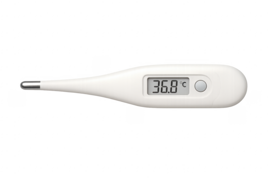 Digital clinical thermometer showing normal body temperature on transparent background