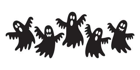 Spooky black and white cartoon ghosts floating in a group