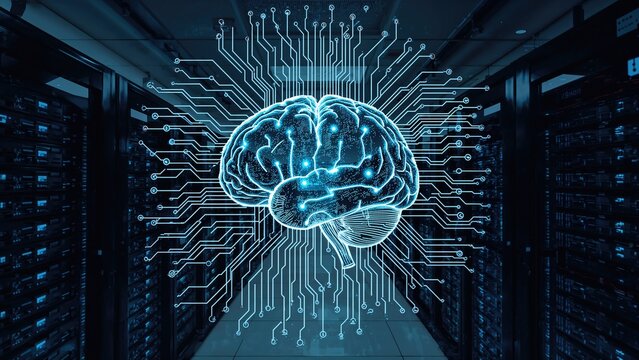 Abstract brain circuitry integrated with software language visuals within a server room backdrop. Multiple exposure digital concept emphasizing AI and network technology.