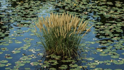 Vertical artistic photo of wild yellow-green reeds in a pond at sunset with natural textures and patterns