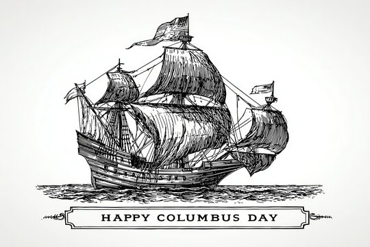 Vintage illustration of a sailing ship for happy columbus day