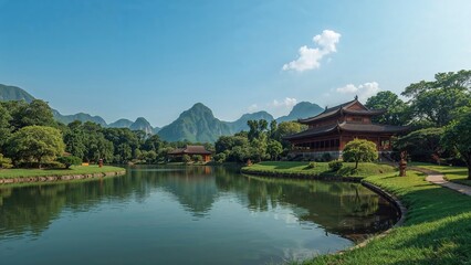 Fototapeta premium Natural landscape showcasing a garden, mountain, and water under a clear sky