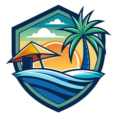 Obraz premium Vector art of stylized tropical beach emblem featuring a palm tree, umbrella, and ocean waves under a colorful sunset