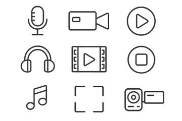 Minimalist Audio Video Streaming Media Icon Set. Line Art Microphone, Camcorder, Play Button, Stop Button, Headphones, Music Note, Frame, Movie Clapper, Digital Recording Symbols. Vector Illustration.
