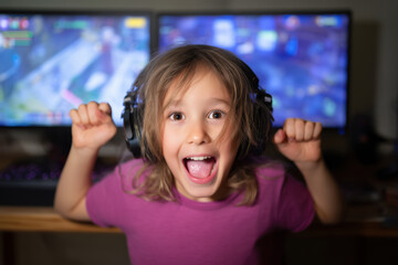 Excited child with headphones playing a video game