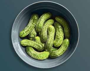 Fresh cucumbers in a bowl on a gray background