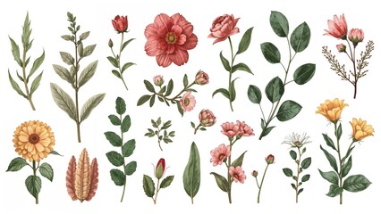 Naklejka premium Detailed flower elements for creative design and decoration on a clean white backdrop. Various botanical parts including petals, foliage, stems, blades of grass, and floral pieces for crafting