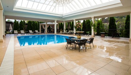 Luxurious indoor pool area with patio furniture